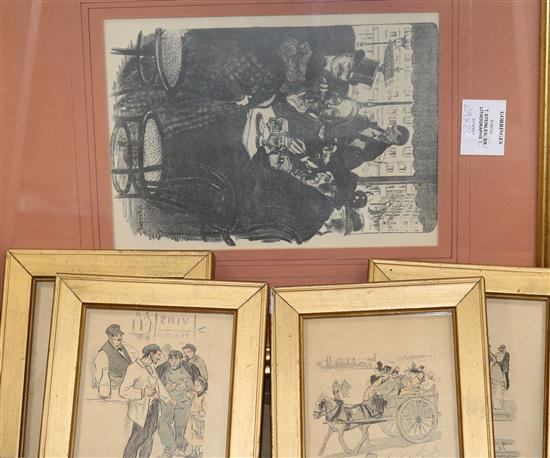 T. Steinlen, six lithographs / engravings, Humorous scenes, largest 29 x 23cm